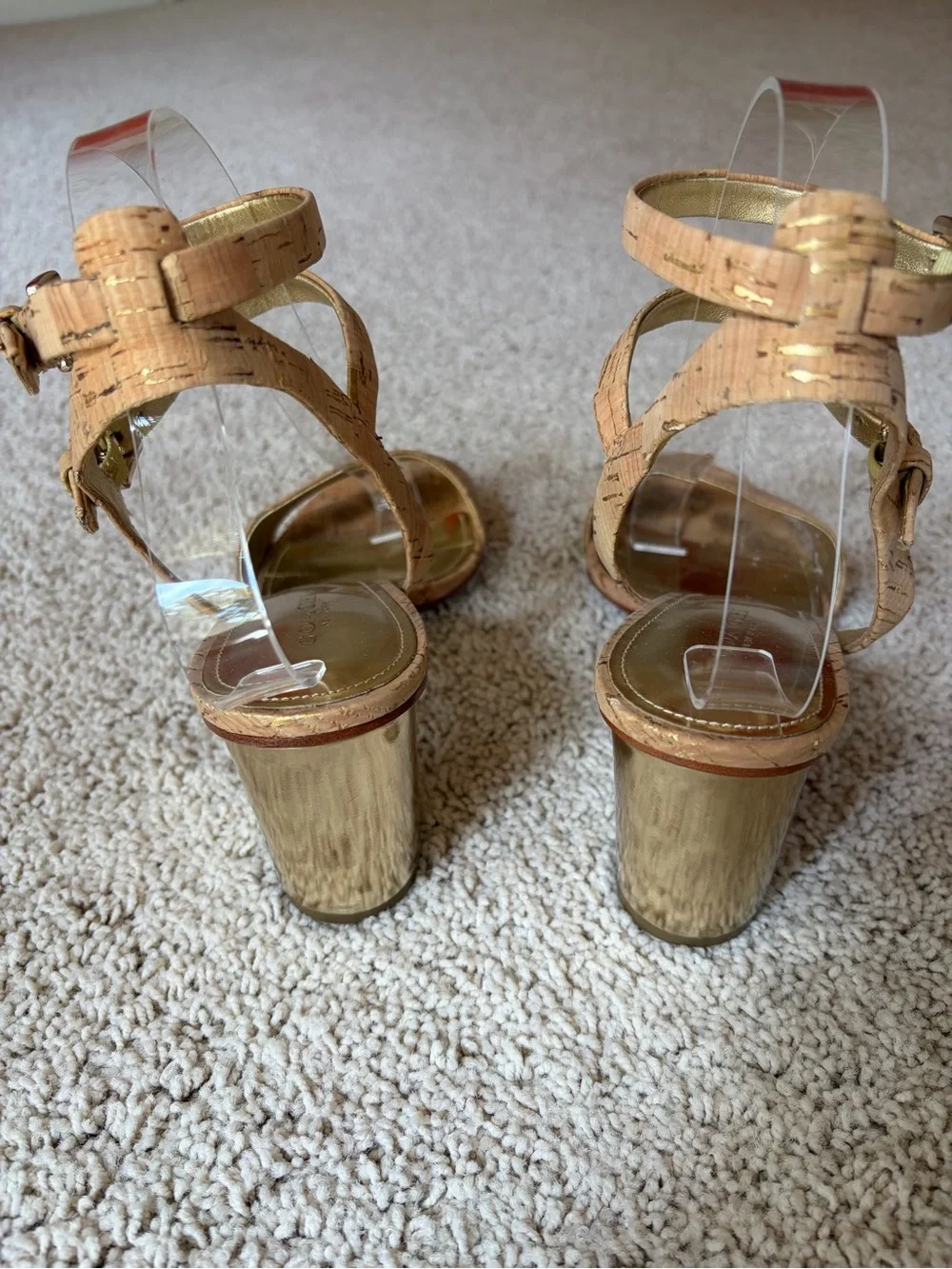 Coach Cork & Gold Leather Heeled Sandals
